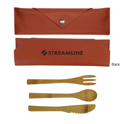 3 PIECE BAMBOO UTENSIL SET IN LEATHERETTE POUCH